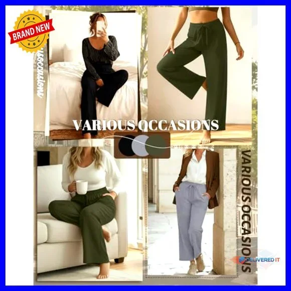 Plus Size Wide Leg Pants 3-Pack Stretchy Drawstring Waist with Pockets - Picture 2 of 7